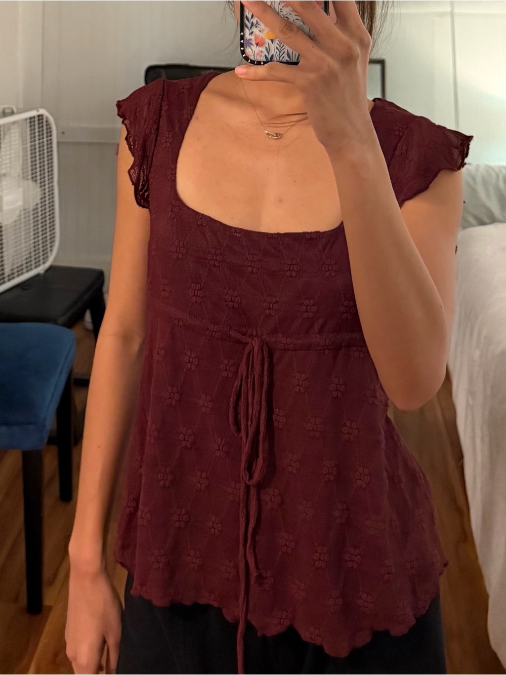 Burgundy Lace-Texture Women's Tie-Front Top - Picture 4 of 6